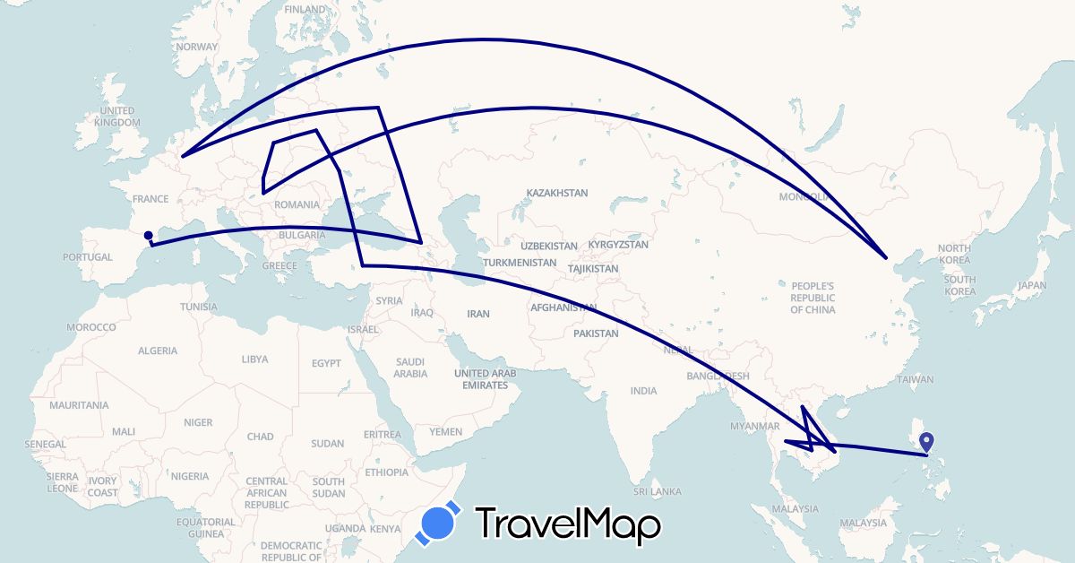 TravelMap itinerary: driving in Andorra, Belarus, China, Germany, Spain, Georgia, Hungary, Cambodia, Laos, Philippines, Poland, Russia, Slovakia, Thailand, Turkey, Ukraine, Vietnam (Asia, Europe)